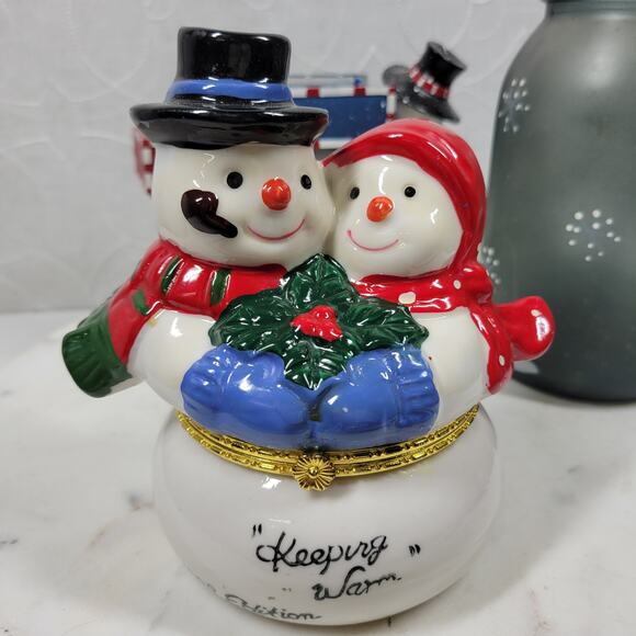 VTG Snowman Lot Yankee Candle Jar Light Holder Couple Hinged Trinket Box 1999 - Picture 5 of 16